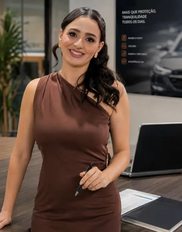 Leticia, especialista da Leticia Proteção, em pé no escritório sorrindo. Nossa equipe é especialista em cotações personalizadas.