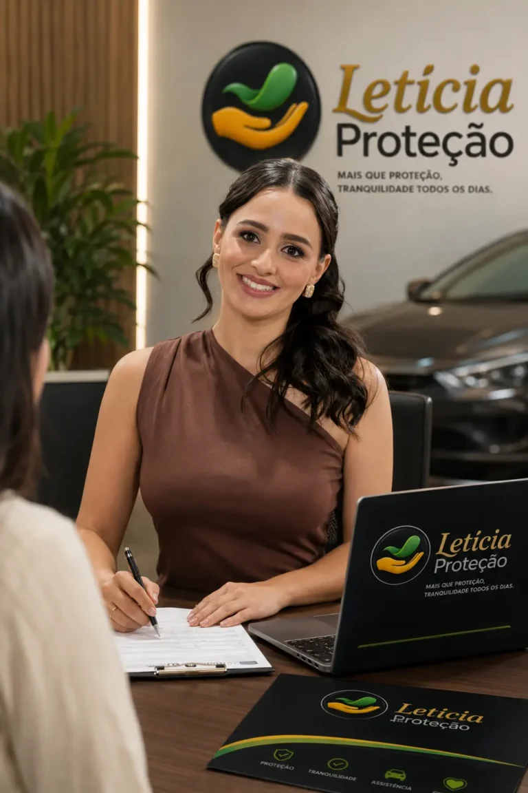 Consultora Letícia realizando atendimento personalizado sobre proteção veicular em escritório da Letícia Proteção